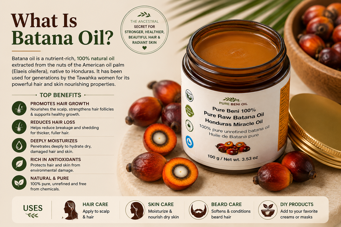 Pure Beni Raw Batana Oil infographic featuring the benefits of Batana Oil for hair growth, reducing hair loss, moisturizing dry hair, nourishing the scalp, and supporting healthier stronger hair naturally.