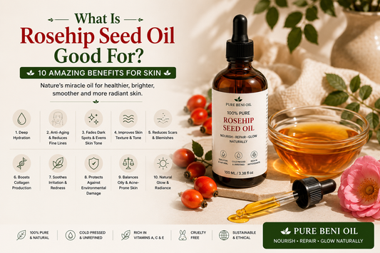 Pure Beni Rosehip Seed Oil surrounded by rosehips and flowers showing skincare benefits including hydration anti aging scar fading and brighter skin