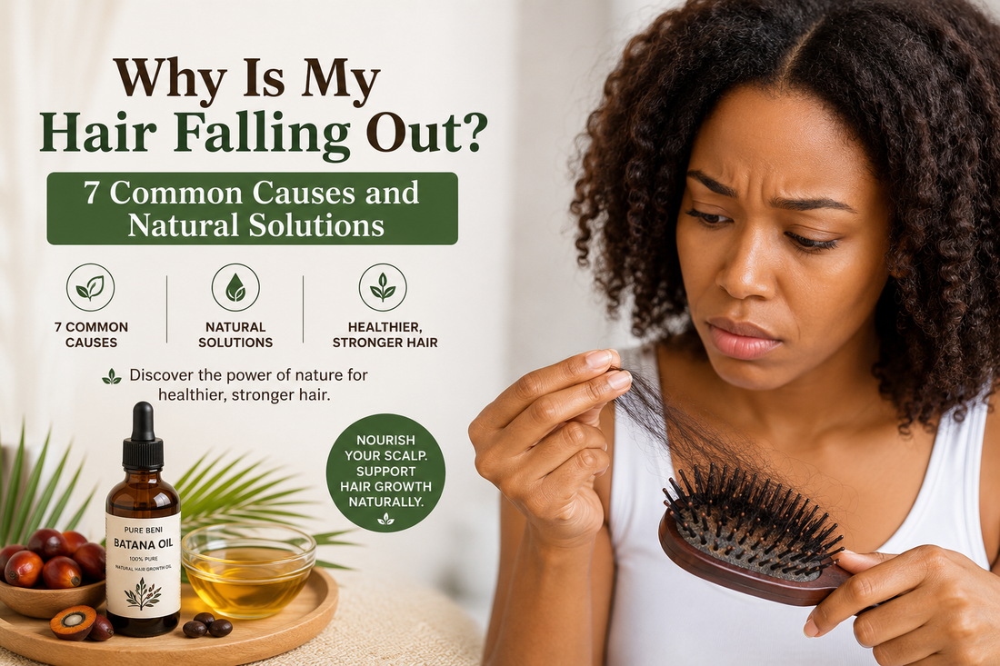 Woman with thick healthy hair surrounded by batana oil and natural ingredients for hair growth