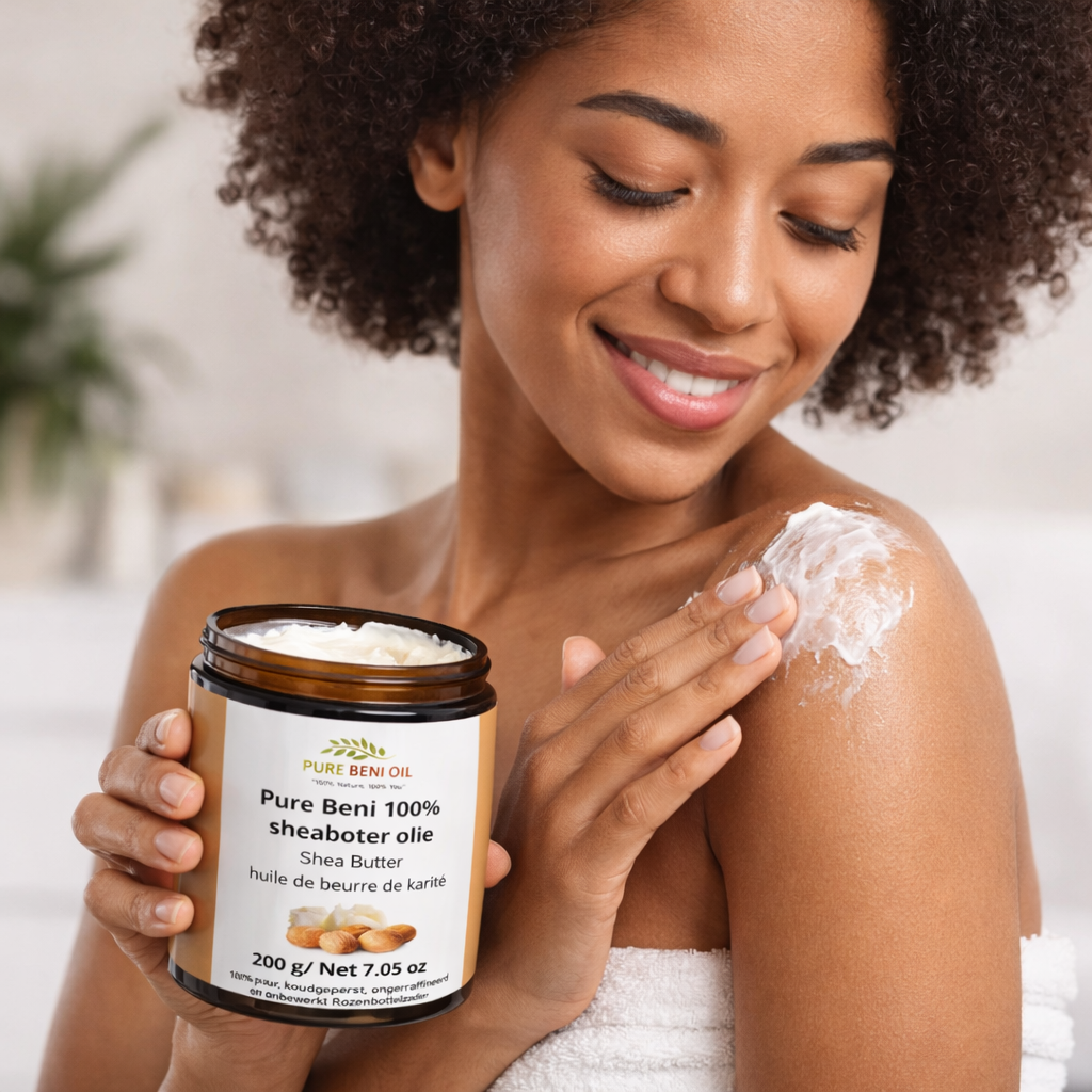 Woman applying organic shea butter on skin for natural body care