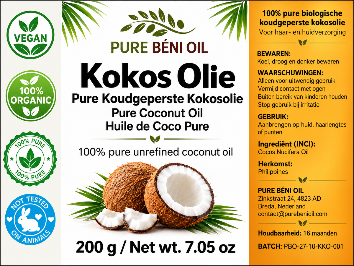 PURE BÉNI OIL Organic Virgin Coconut Oil for Hair & Skin 200 g