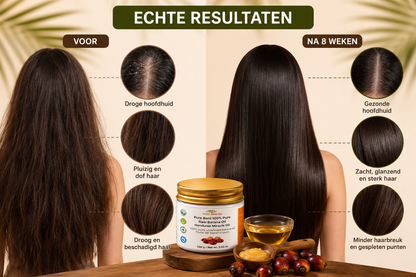 Voor
Droge en schilferige hoofdhuid
Kroezend en breekbaar haar
Gespleten punten en haarbreuk
Na
Gezonde en gevoede hoofdhuid
Sterker, gladder en glanzender haar
Minder haarbreuk, langer en voller haar

Stimuleert haargroei
Voedt haar en hoofdhuid intensief
Versterkt het haar op natuurlijke wijze
Herstelt glans en zachtheid