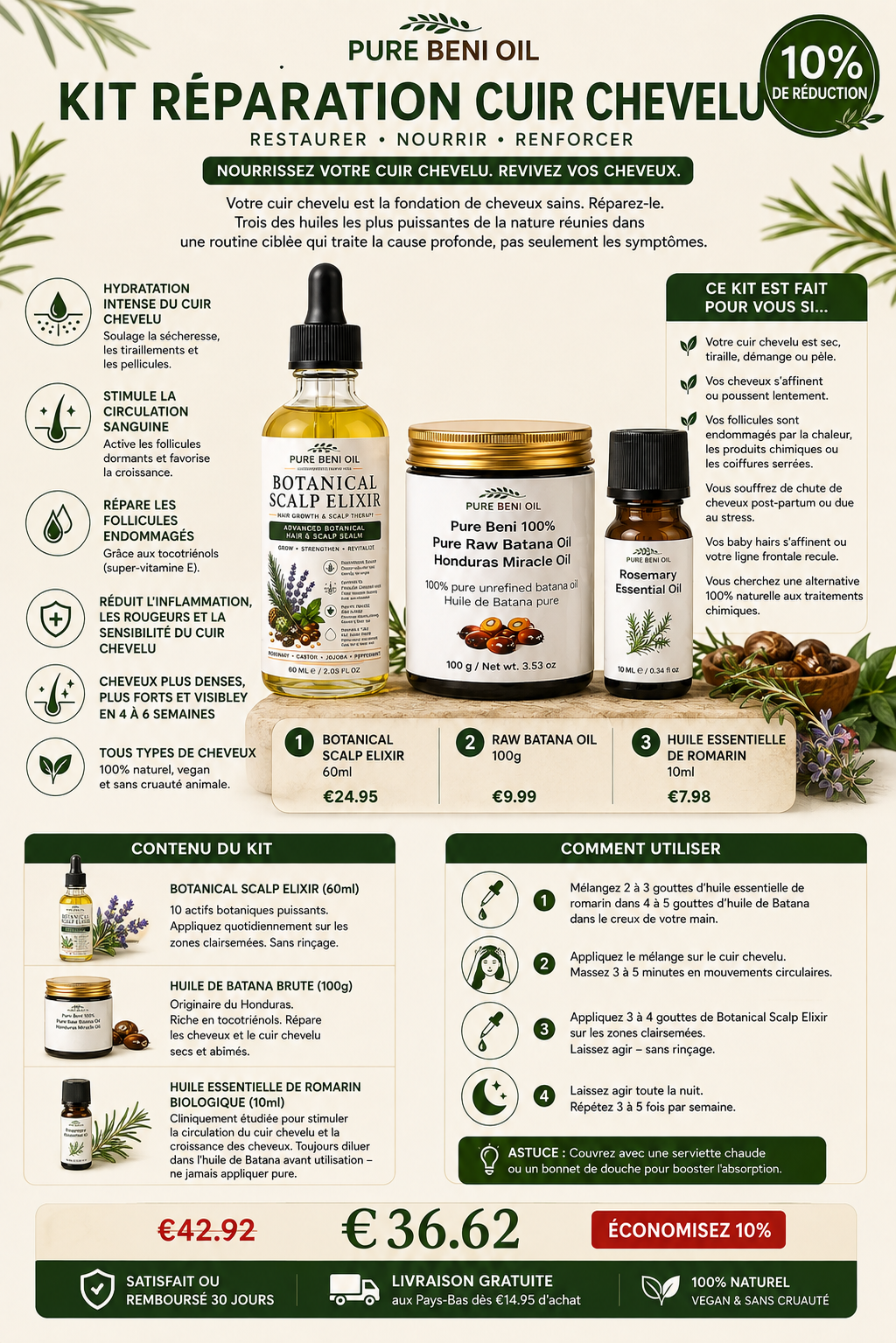 Kit de réparation du cuir chevelu — Élixir botanique pour le cuir chevelu + Huile de batana + Huile de romarin