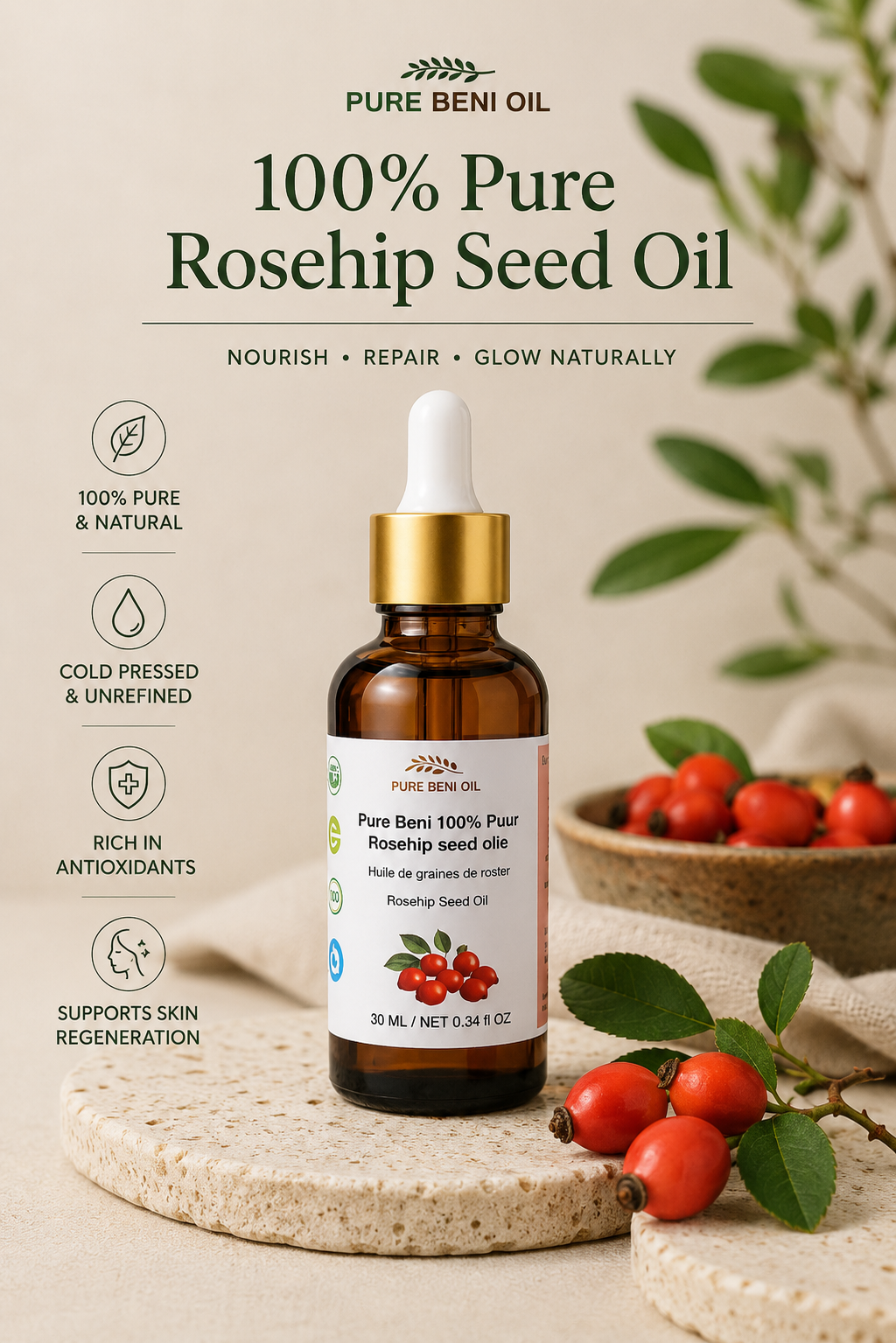 "Pure Beni Rosehip Seed Oil 100% pure and cold pressed, rich in antioxidants for skin regeneration, hydration, anti-aging care and natural glow."