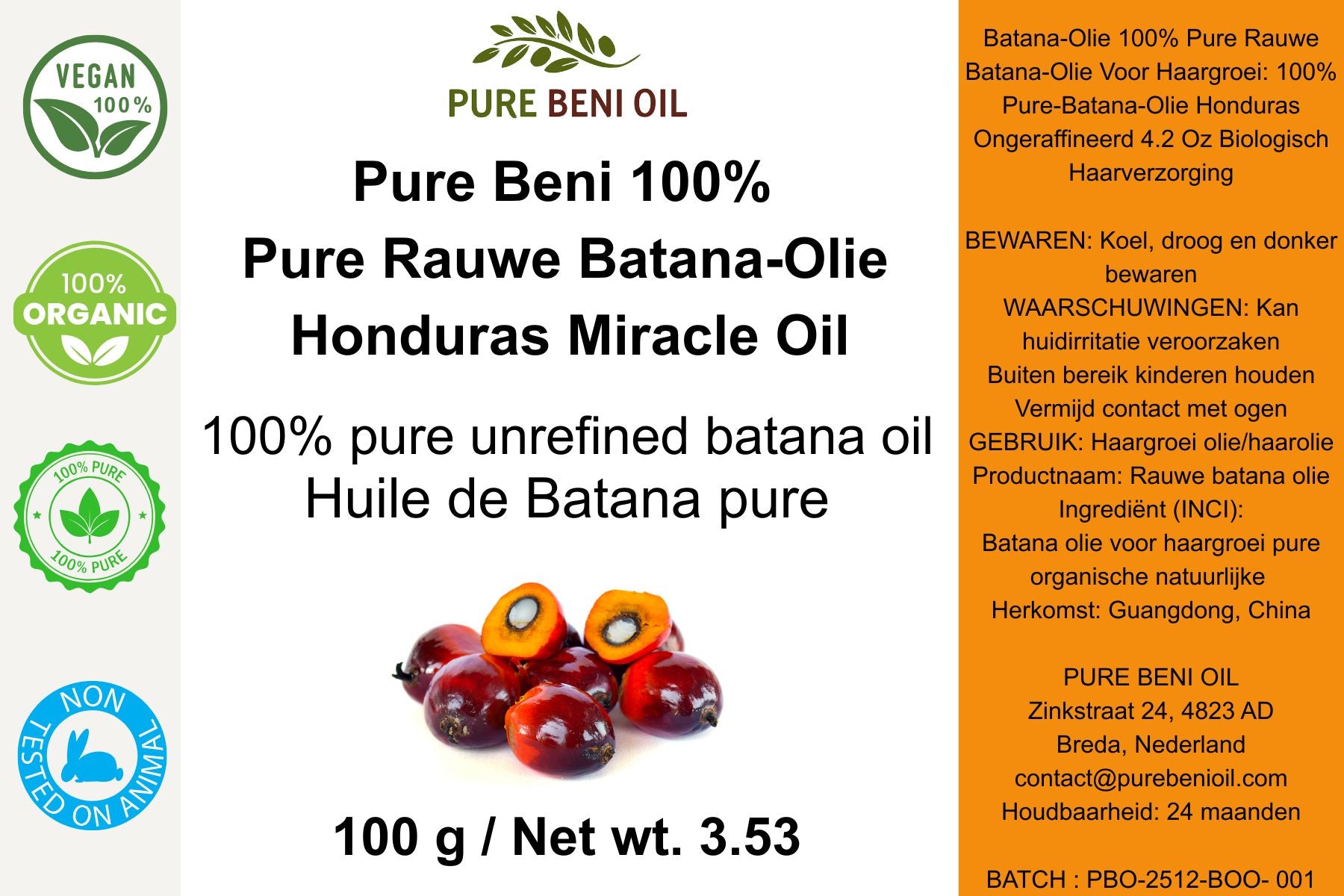 Close-up of PURE BENI Organic Raw Batana Oil packaging with visible label, vegan and organic certifications for natural hair growth and scalp care.
