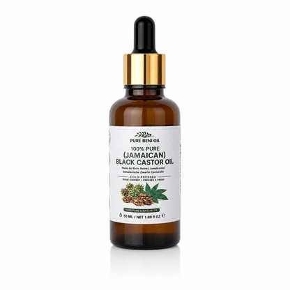  Pure BÉNI Jamaican Black Castor Oil Extra Dark 50ml amber glass bottle with gold dropper cap on white background
