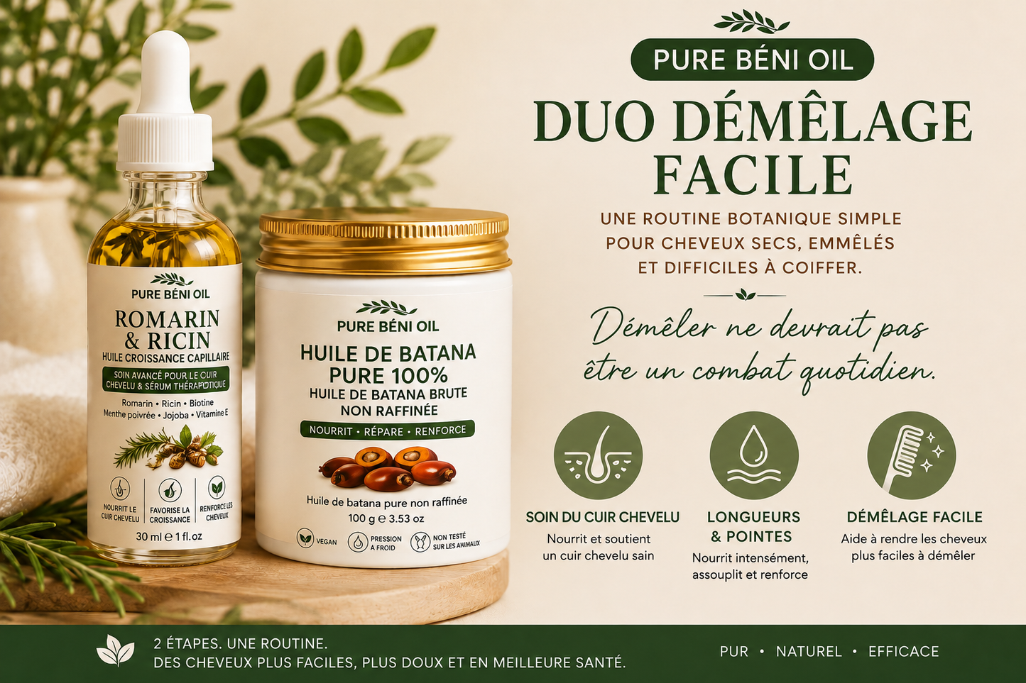 PURE BÉNI OIL Duo Démêlage Facile — routine botanique pour cheveux secs et emmêlés