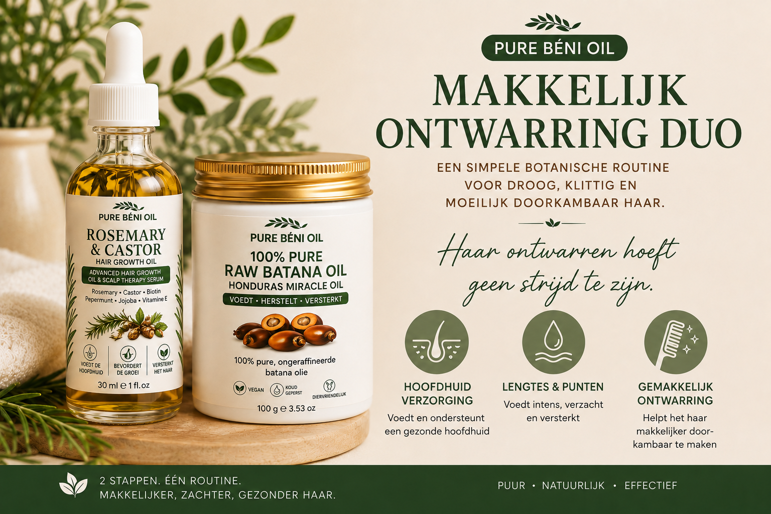 PURE BÉNI OIL Makkelijk Ontwarring Duo — botanische routine voor droog en klitterend haar