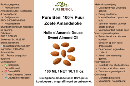 PURE BENI Sweet Almond Oil | Cold-Pressed Carrier Oil for Skin, Hair & Massage