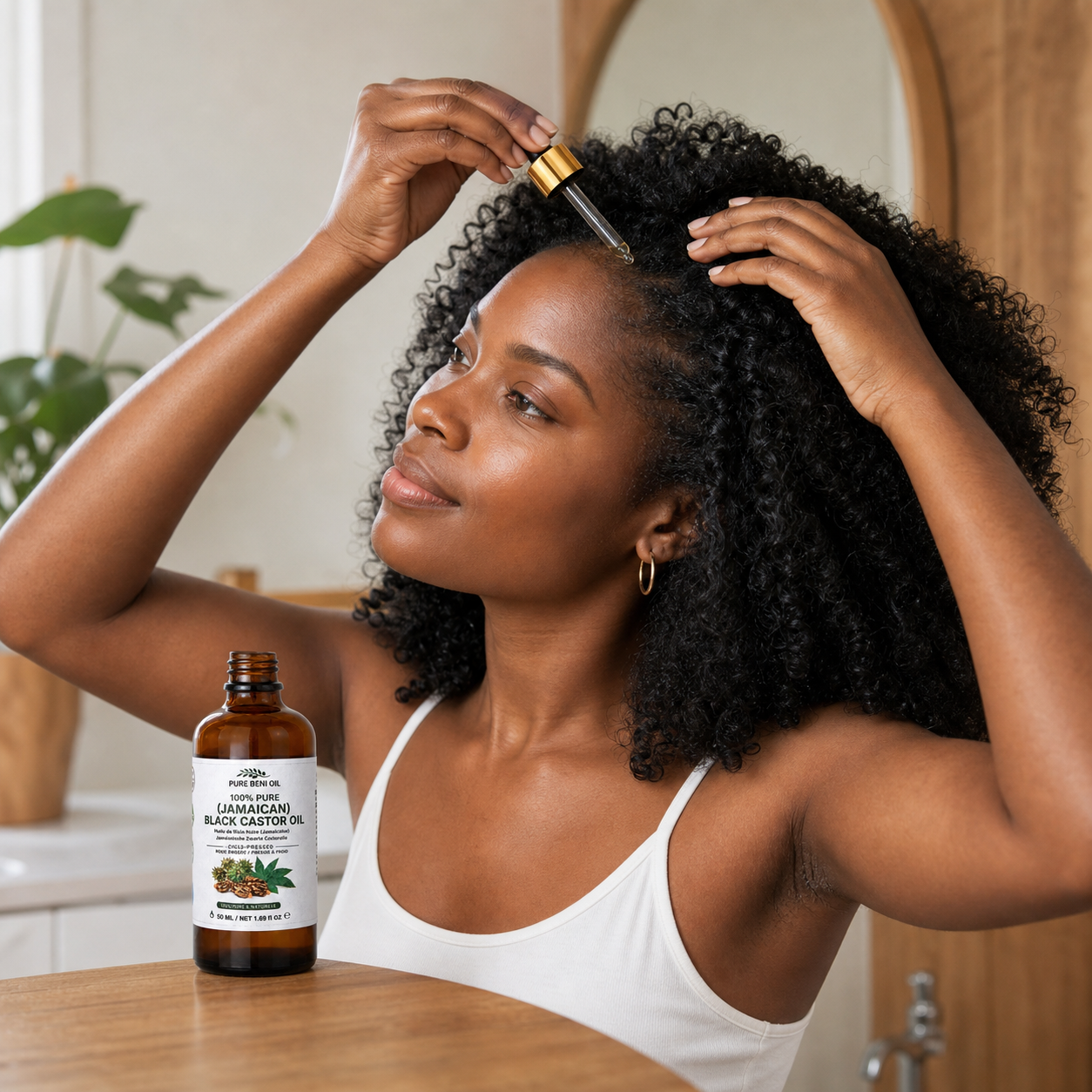 Woman applying Pure BÉNI Jamaican Black Castor Oil Extra Dark to her natural curly hair with dropper
