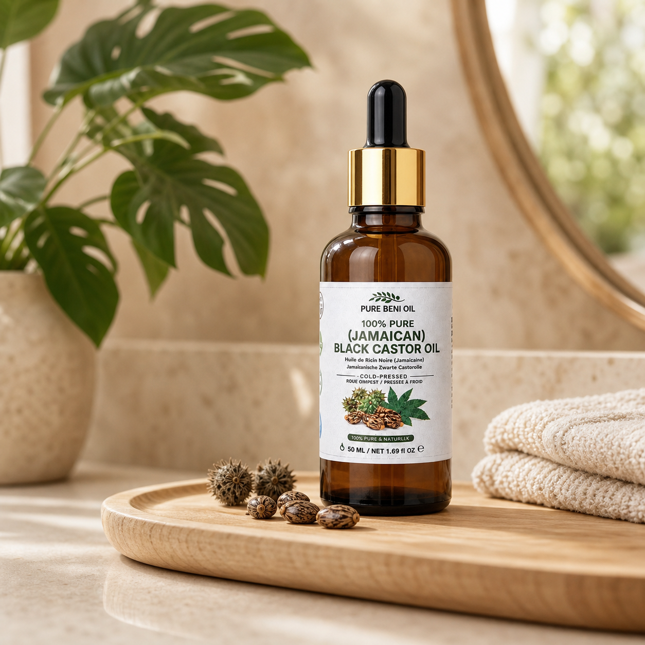 Pure BÉNI Jamaican Black Castor Oil Extra Dark 50ml bottle on wooden tray with castor seeds and green plant in natural bathroom setting
