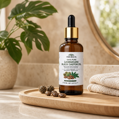 Pure BÉNI Jamaican Black Castor Oil Extra Dark 50ml bottle on wooden tray with castor seeds and green plant in natural bathroom setting
