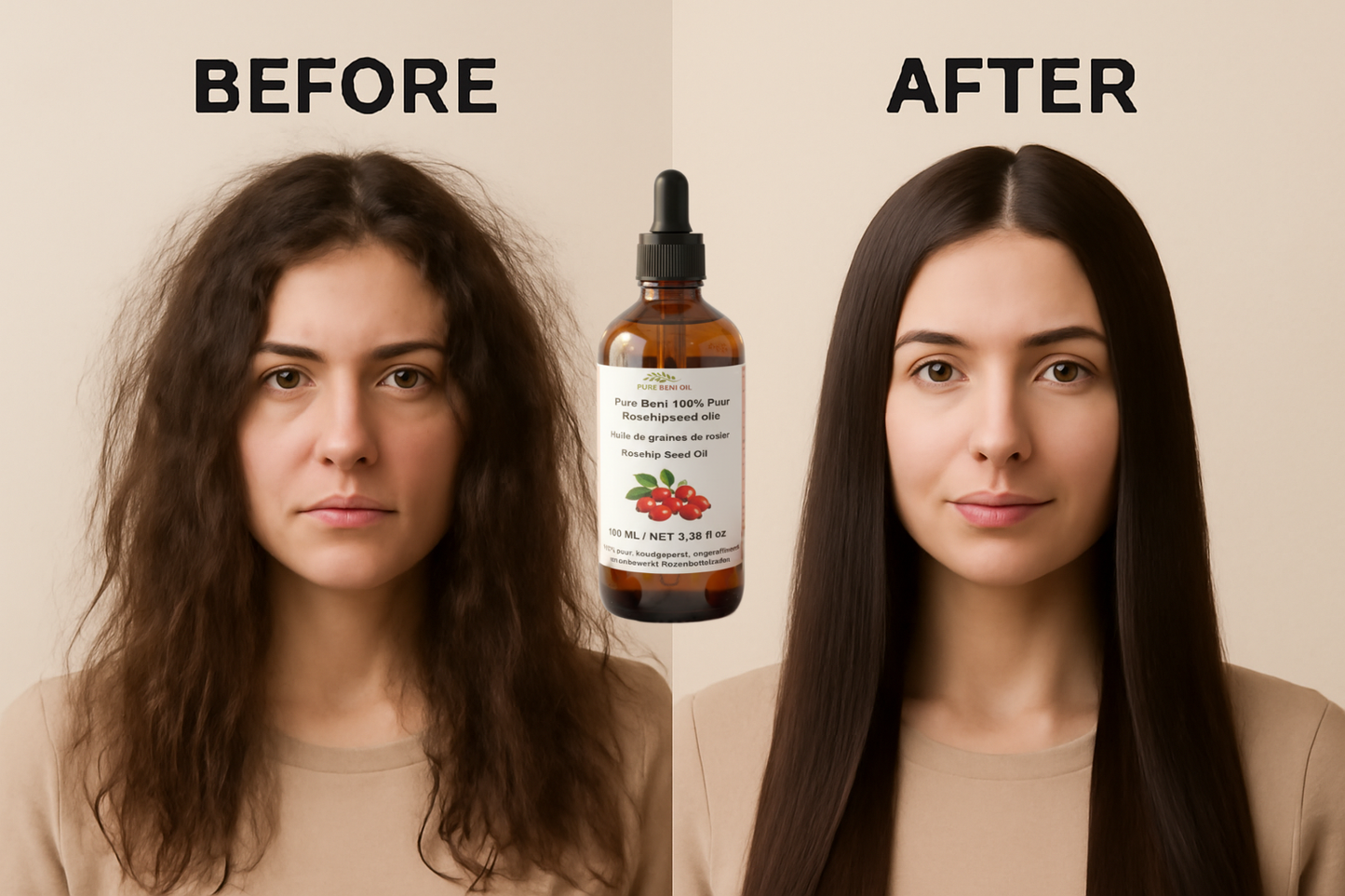 "Pure Beni Rosehip Oil leave-in hair treatment for frizz and split ends"