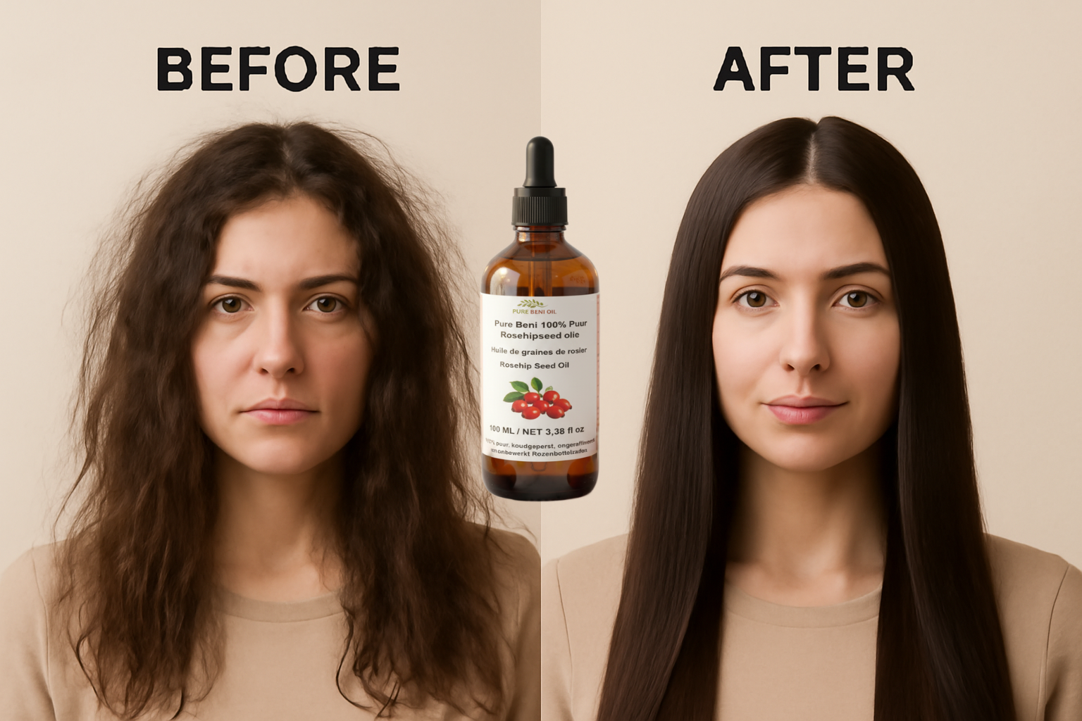 "Pure Beni Rosehip Oil leave-in hair treatment for frizz and split ends"