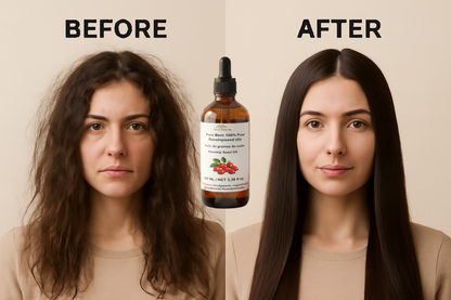 "Pure Beni Rosehip Oil leave-in hair treatment for frizz and split ends"
