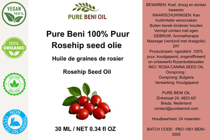"Pure Beni Rosehip Seed Oil 100% pure and cold pressed, rich in antioxidants for skin regeneration, hydration, anti-aging care and natural glow."