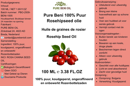 PURE BENI 100% Biologische Rozenbottelolie – Natuurlijke Anti-Aging Huidverzorging voor Gezicht & Lichaam