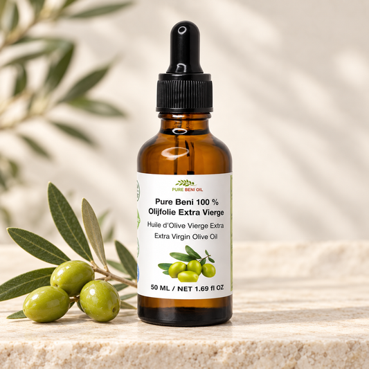 Pure Beni 100% Extra Virgin Olive Oil in a 50 ml amber glass dropper bottle