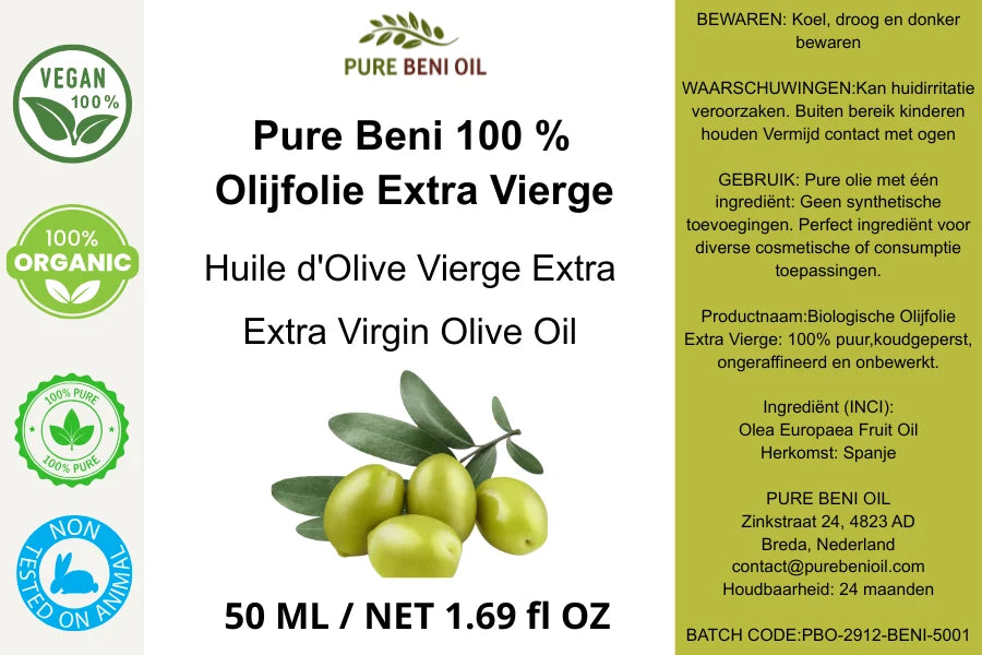 Pure Beni Extra Virgin Olive Oil 50 ml label with ingredients, origin and usage information