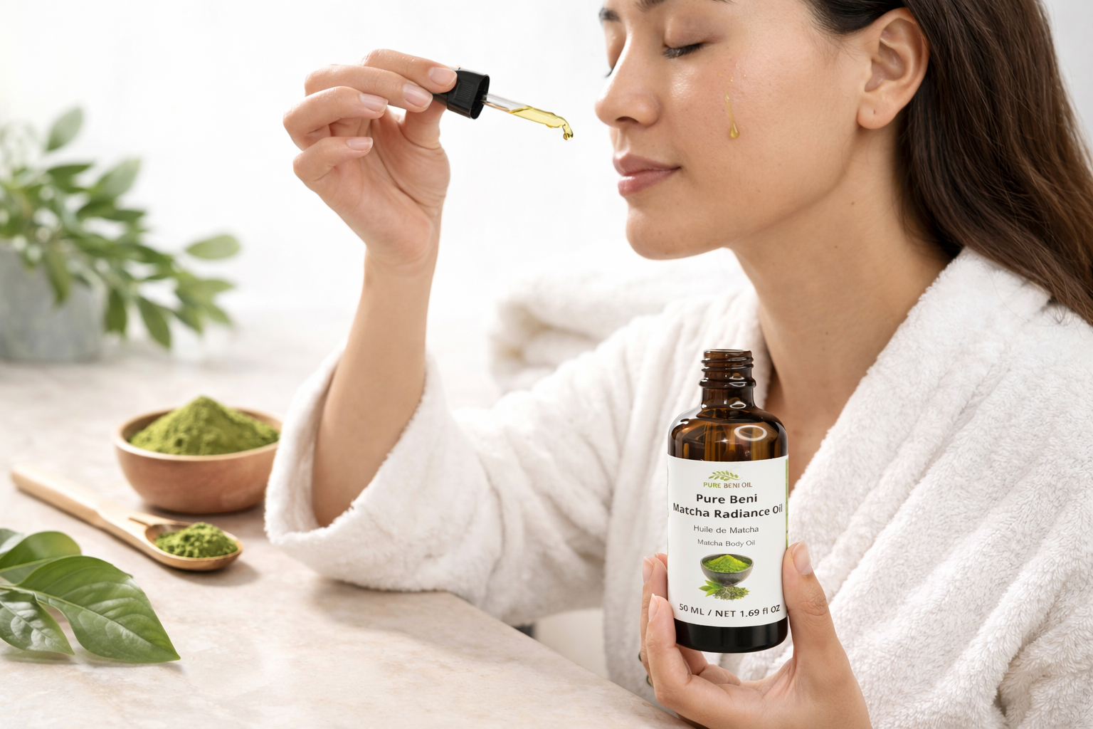 "Woman applying Pure Beni Matcha Radiance Oil for glowing skin in spa setting"