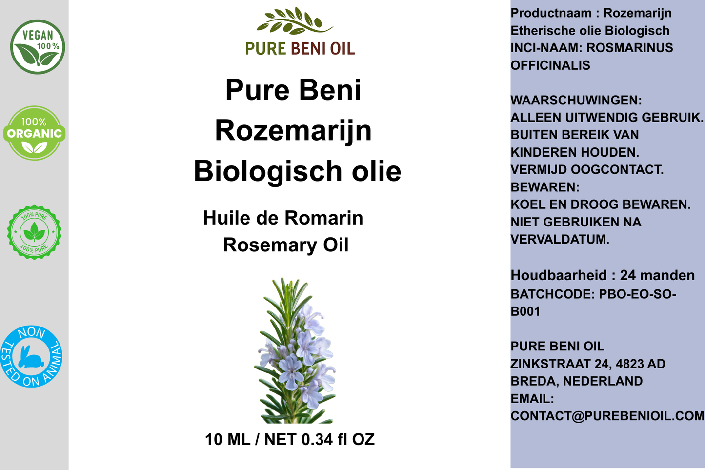 Pure Beni Rosemary Oil organic essential oil bottle with fresh rosemary sprigs, natural oil for hair growth, scalp care, aromatherapy and wellness.