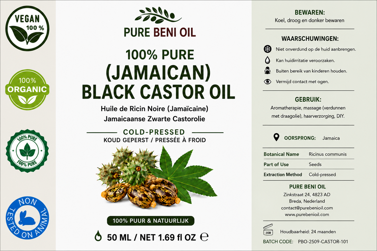 Pure BÉNI Jamaican Black Castor Oil Extra Dark 50ml - label 100% pure organic cold-pressed, vegan, not tested on animals
