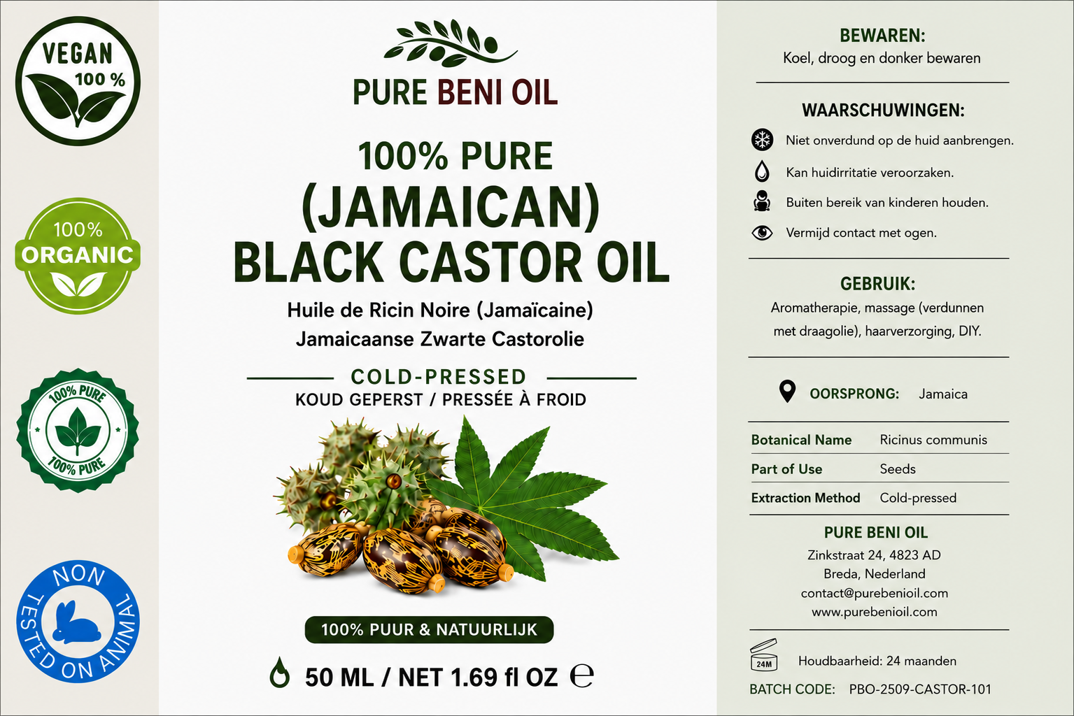 Pure BÉNI Jamaican Black Castor Oil Extra Dark 50ml - label 100% pure organic cold-pressed, vegan, not tested on animals

