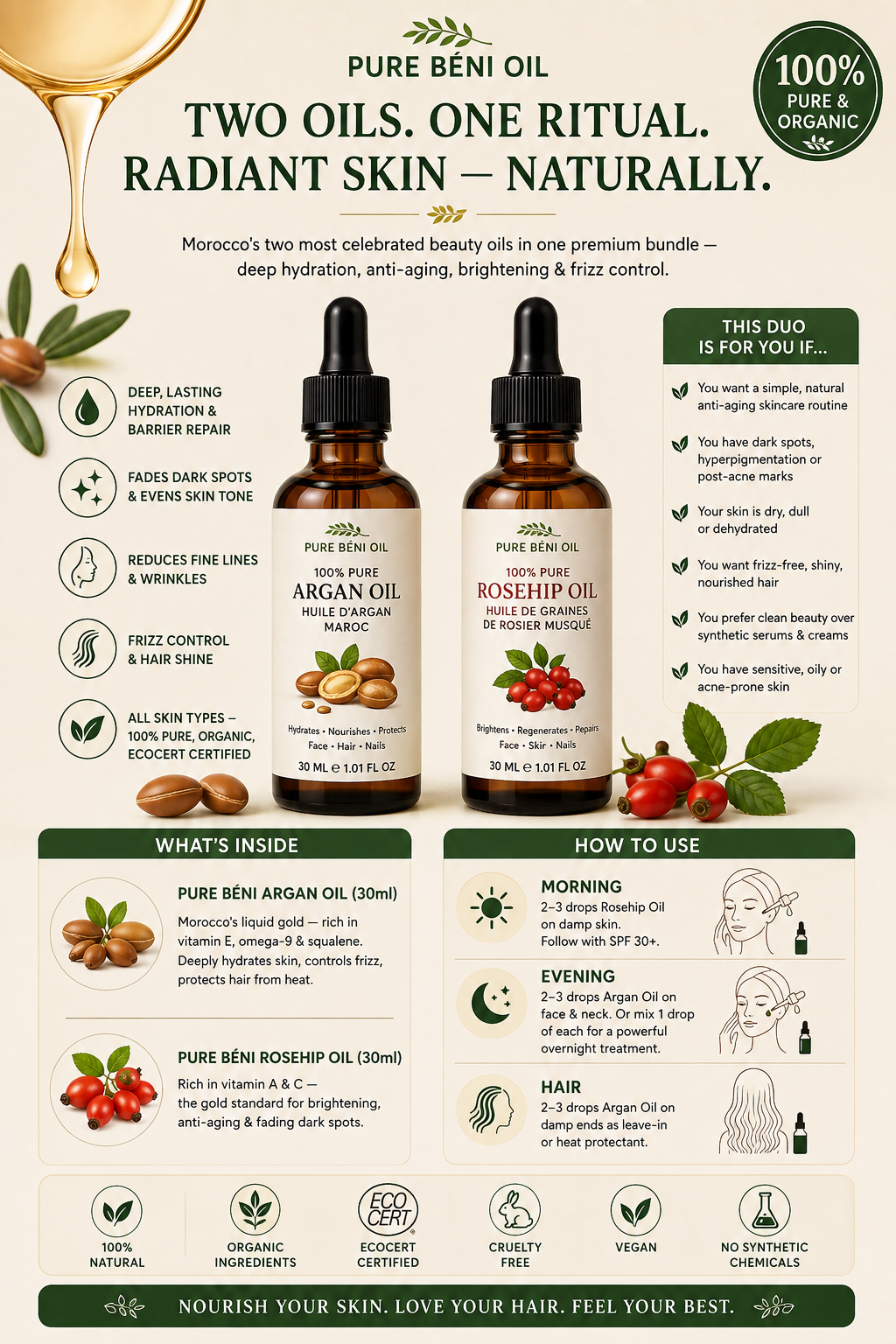 Le Duo Éclat Marocain — Huile d'Argan + Huile de Rose Musquée (30ml chacune)