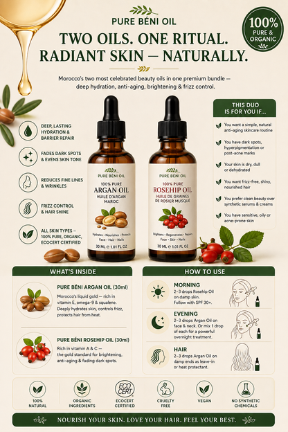 Le Duo Éclat Marocain — Huile d'Argan + Huile de Rose Musquée (30ml chacune)
