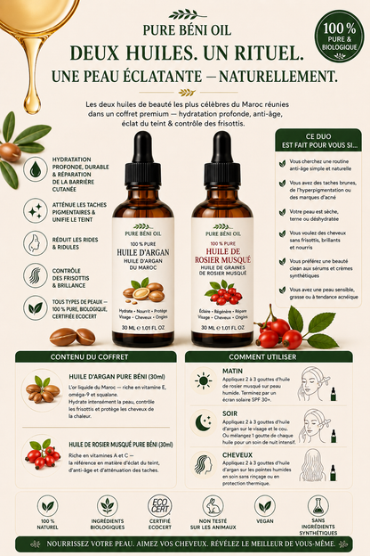 Le Duo Éclat Marocain — Huile d'Argan + Huile de Rose Musquée (30ml chacune)