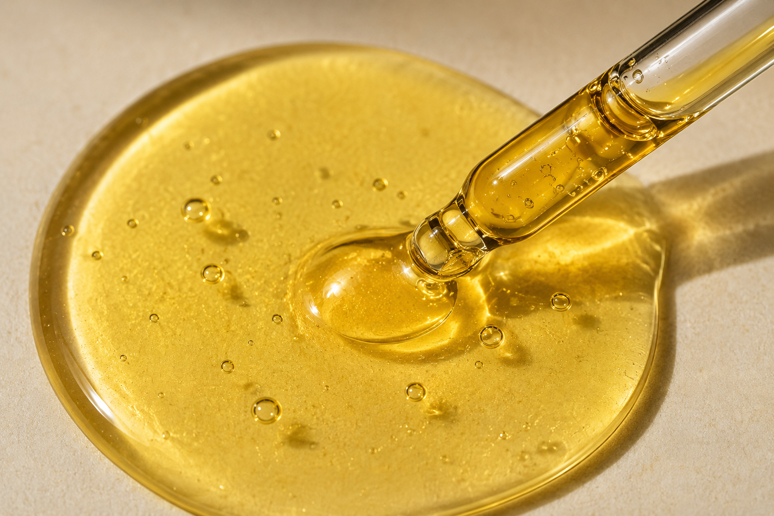 Close-up texture of PURE BENI organic castor oil showing rich golden natural oil for hair, scalp and skin care.