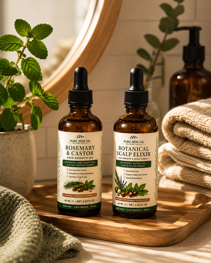 PURE BÉNI OIL Hair Growth Duo with Rosemary & Castor Hair Growth Oil and Botanical Scalp Elixir for thinning hair, scalp care, stronger roots and natural hair regrowth.