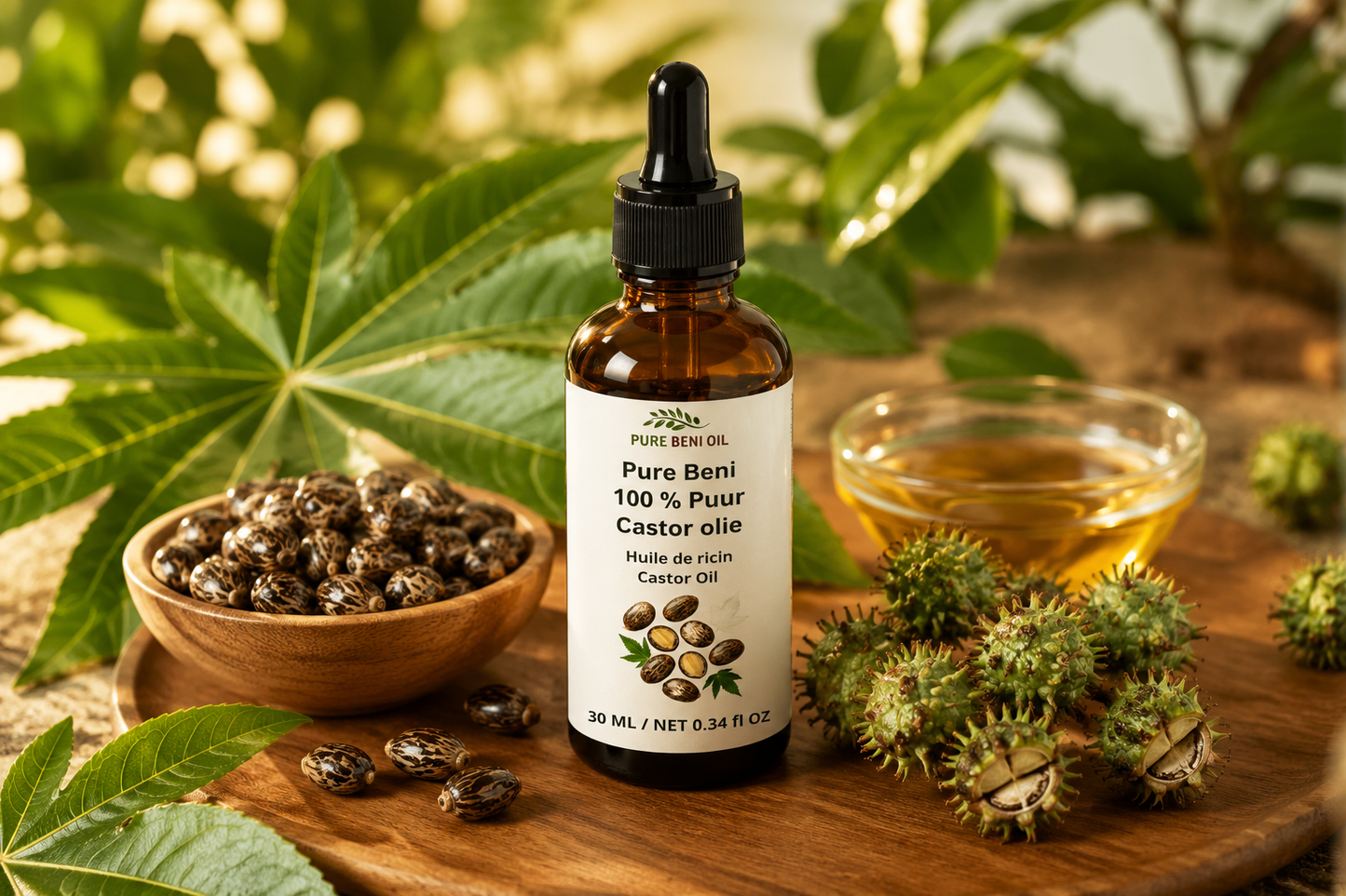 PURE BENI Organic Castor Oil with natural ingredients, castor seeds, green leaves and organic botanical environment for hair and skin care