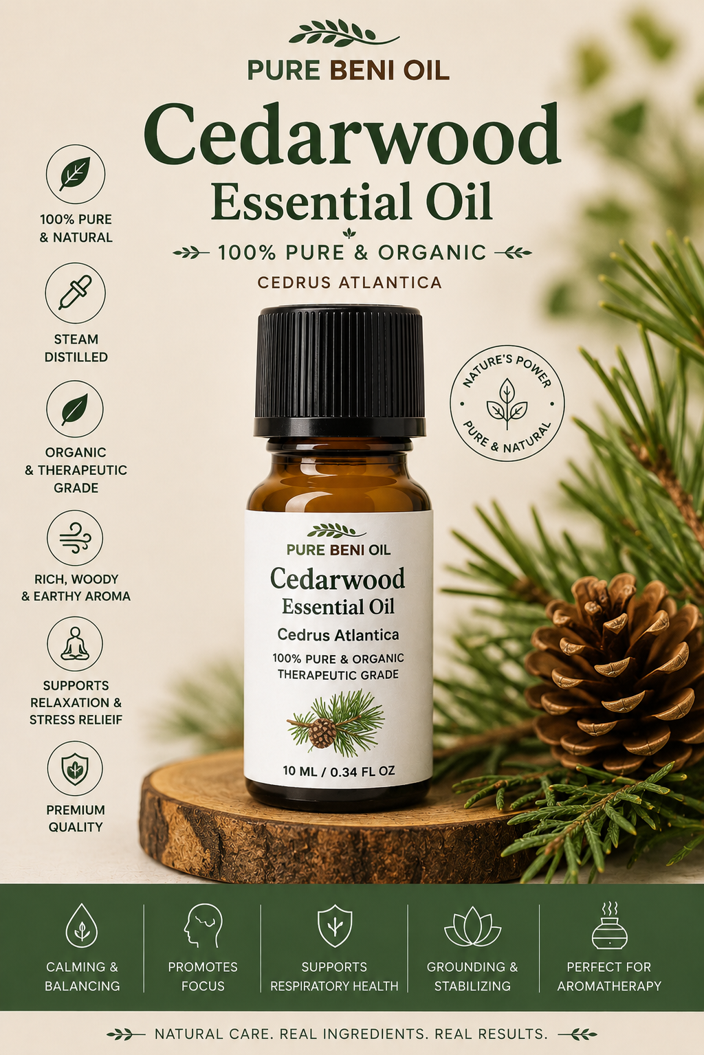 Pure Beni Cedarwood Essential Oil 10ml made from Cedrus Atlantica, 100% pure, organic and steam distilled essential oil for aromatherapy, relaxation, focus, respiratory wellness and scalp care.