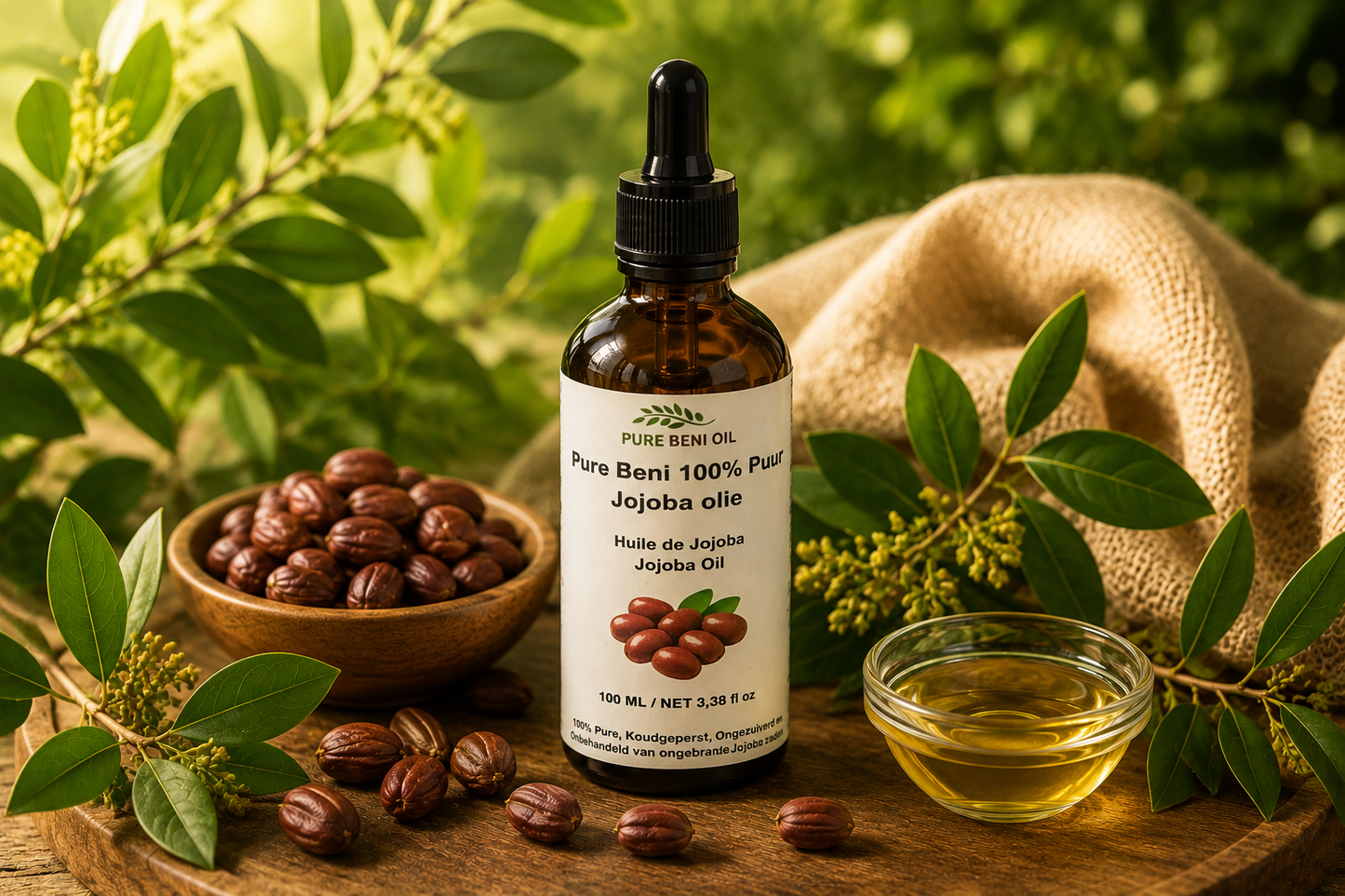 PURE BENI Organic Jojoba Oil with natural jojoba seeds, green leaves and organic botanical environment for natural hair, scalp and skin care