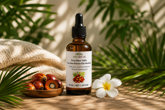PURE BENI 100% Pure Batana Oil in a tropical lifestyle setting with palm fruits, ideal for natural hair growth and scalp care.