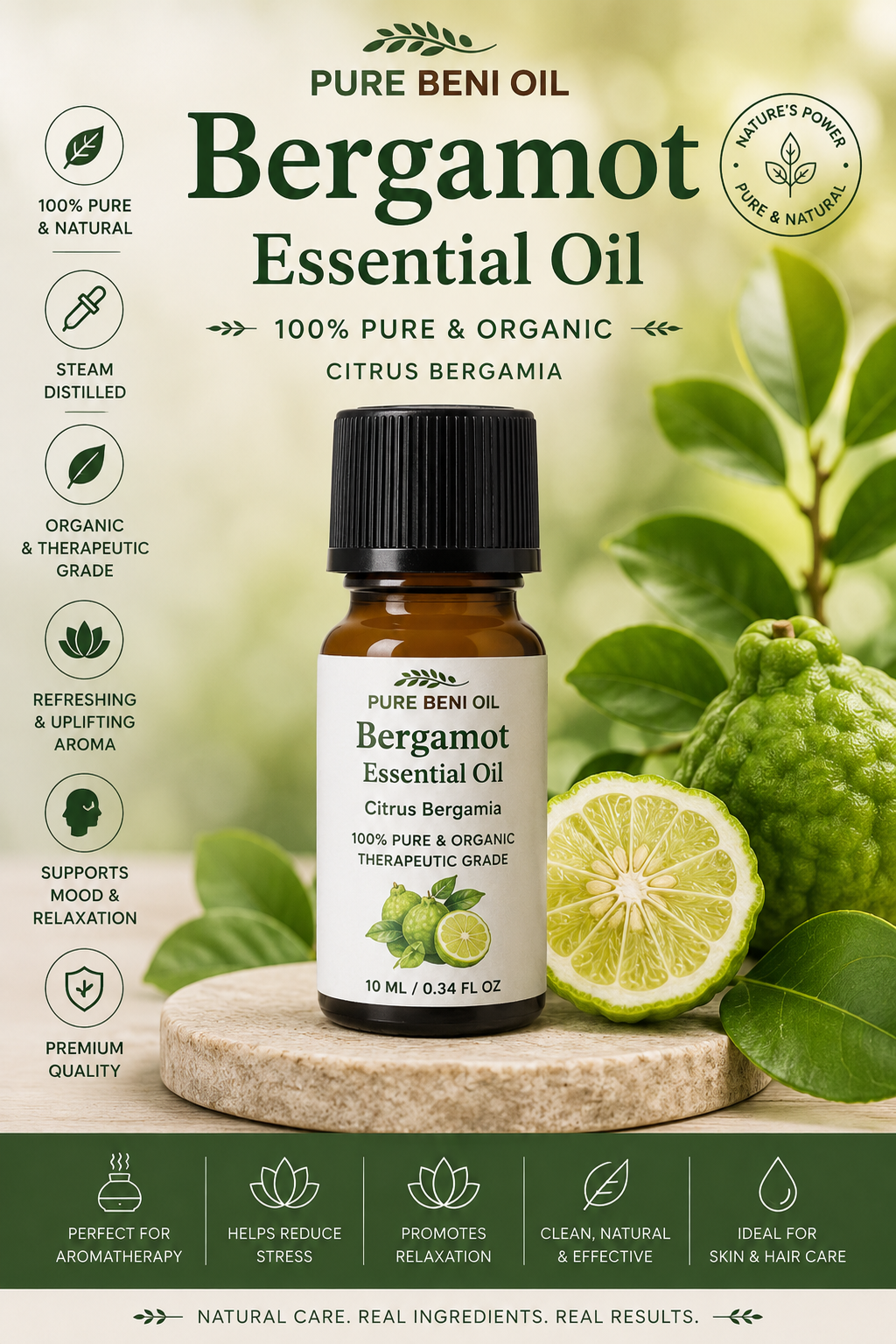 Pure Beni Bergamot Essential Oil 10ml made from Citrus Bergamia, 100% pure, organic and steam distilled essential oil for aromatherapy, relaxation, mood support, skin and hair care.