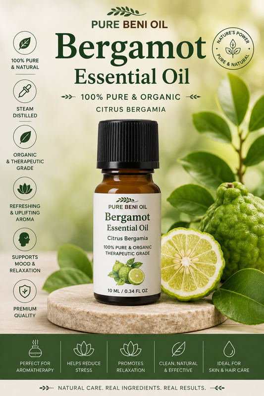 Pure Beni Bergamot Essential Oil 10ml made from Citrus Bergamia, 100% pure, organic and steam distilled essential oil for aromatherapy, relaxation, mood support, skin and hair care.
