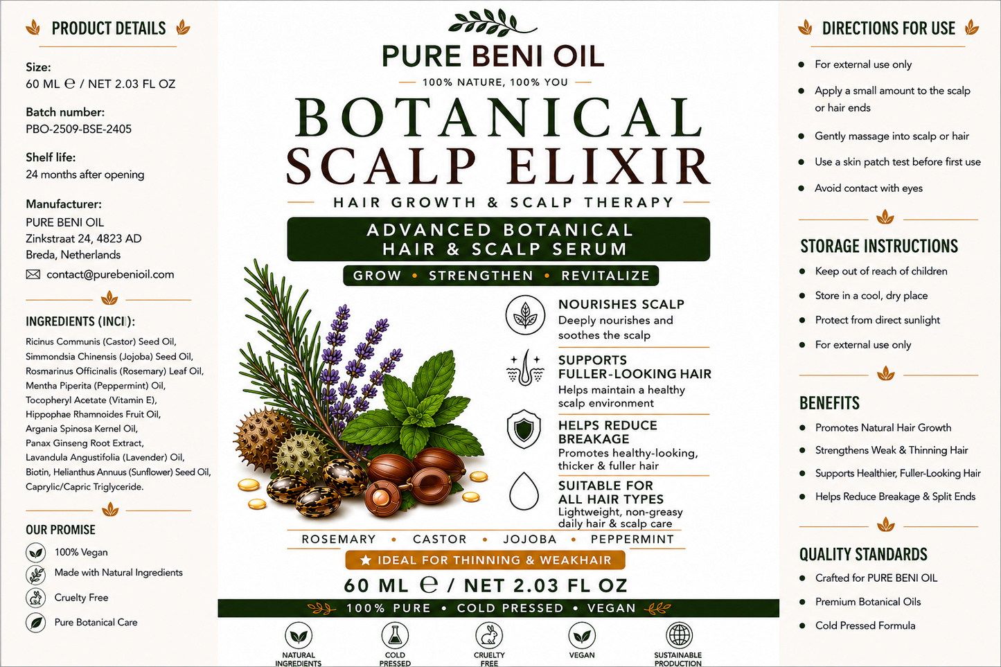 PURE BENI Botanical Scalp Elixir Hair Growth & Scalp Therapy Serum 60ml with rosemary, castor oil, jojoba and peppermint for healthy scalp and fuller-looking hair