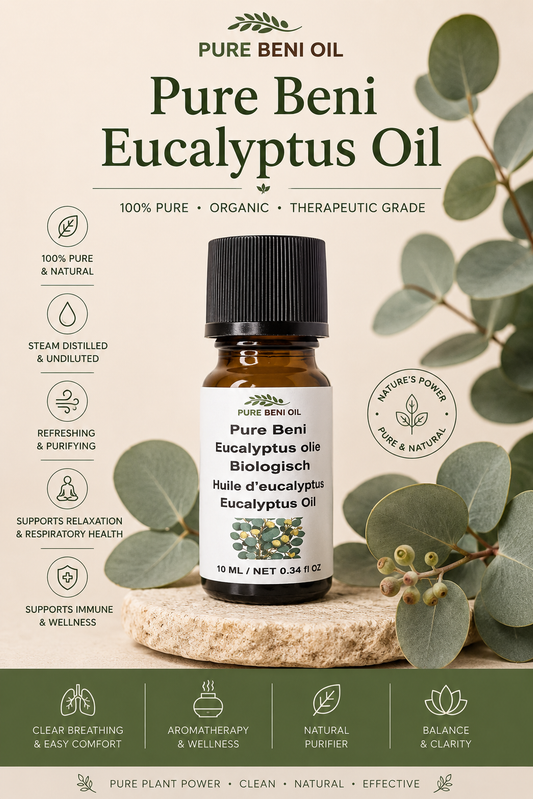 Pure Beni Eucalyptus Essential Oil displayed with fresh eucalyptus leaves in a natural botanical setting, highlighting aromatherapy, respiratory wellness, relaxation, and therapeutic benefits.