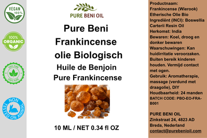 Pure Beni Frankincense Essential Oil displayed in a premium botanical setting with frankincense resin, highlighting natural aromatherapy, relaxation, and skin wellness benefits.