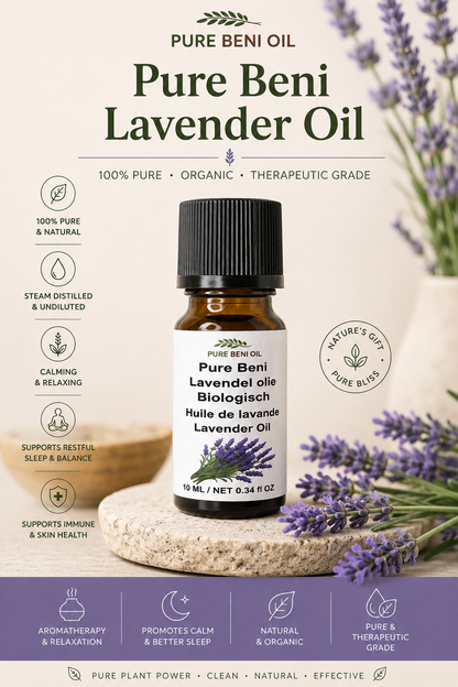 Pure Beni Lavender Essential Oil in a luxury botanical setting with fresh lavender flowers, promoting relaxation, aromatherapy, and natural wellness.