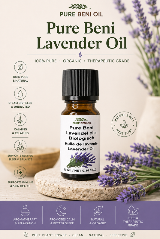 Pure Beni Lavender Essential Oil in a luxury botanical setting with fresh lavender flowers, promoting relaxation, aromatherapy, and natural wellness.