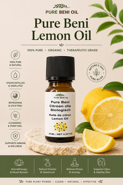 Pure Beni Lemon Oil organic essential oil bottle with fresh lemon slices, natural citrus oil for aromatherapy, mood support, skin care and home wellness.