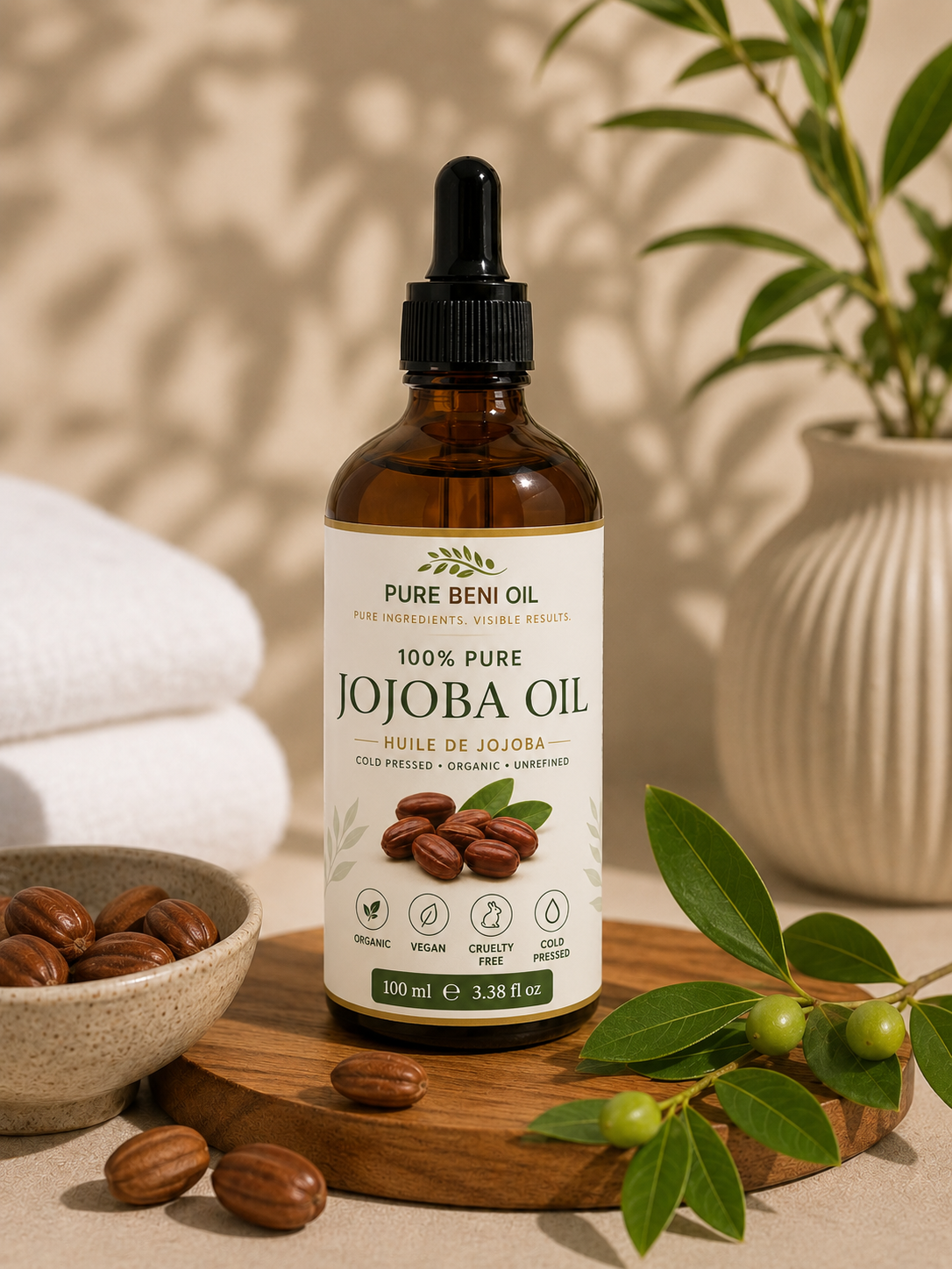 Pure Beni Organic Jojoba Oil 100ml cold pressed unrefined jojoba oil for hair growth, scalp care, skin hydration and natural beauty routines.