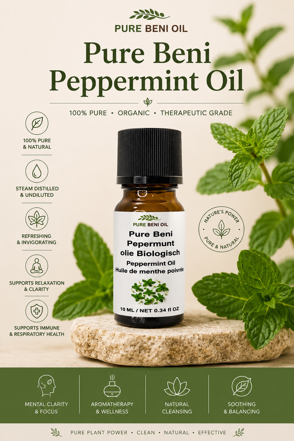 Pure Beni Peppermint Essential Oil bottle with fresh mint leaves for scalp care aromatherapy cooling wellness and natural hair care