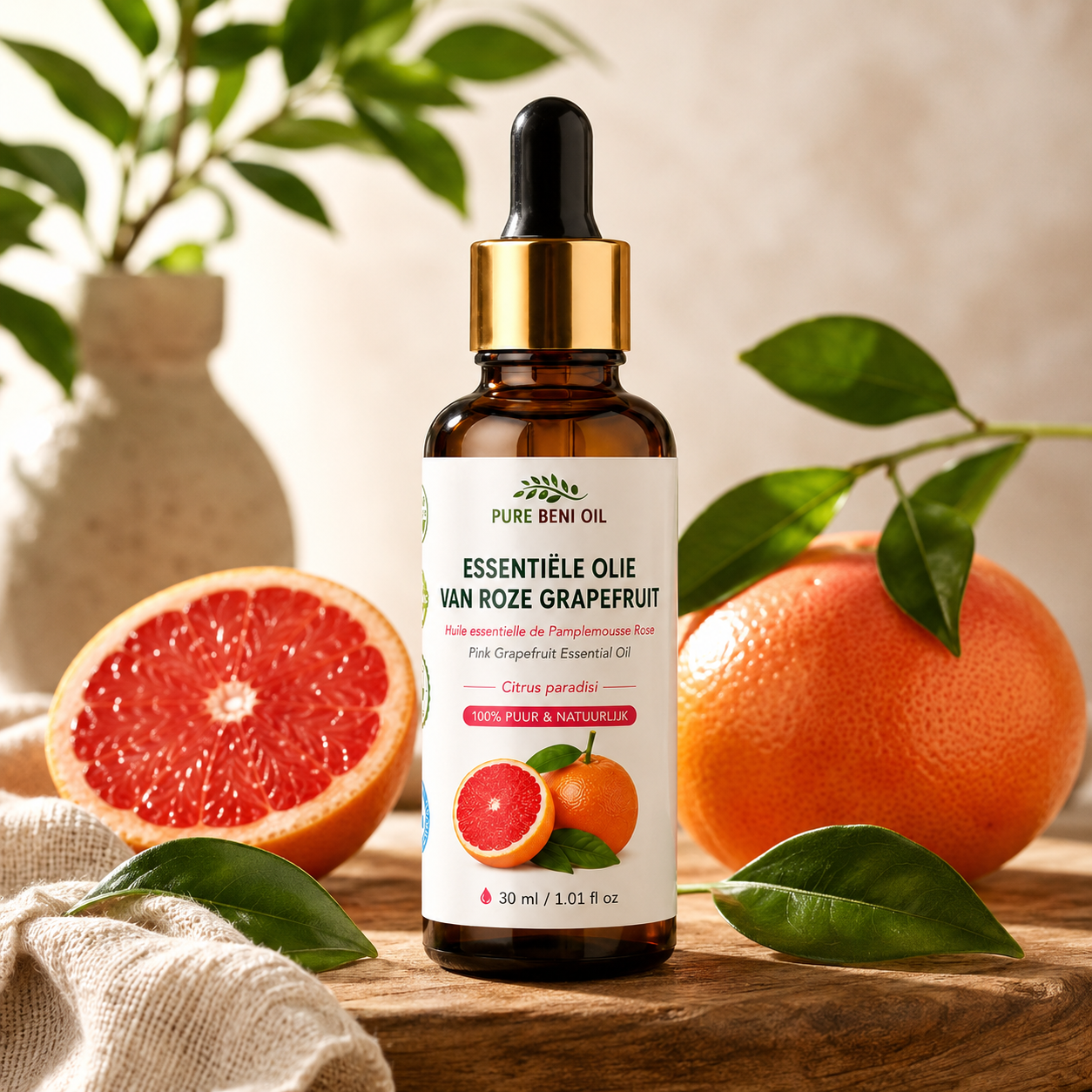 PURE BÉNI Essentiële Olie van Roze Grapefruit — natuurlijke setting
