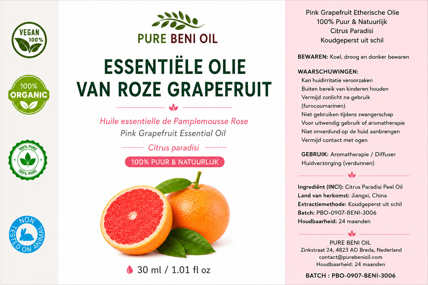 PURE BÉNI Essentiële Olie van Roze Grapefruit — productlabel detail