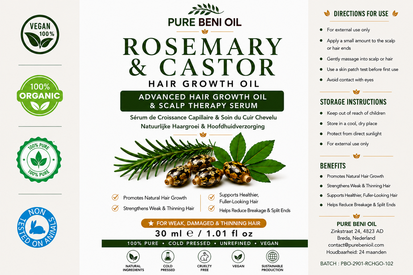 PURE BÉNI Rosemary & Castor Hair Growth Oil — 30ML