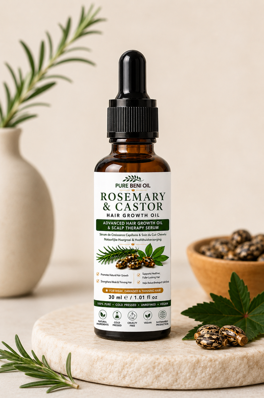 PURE BENI OIL Rosemary & Castor Hair Growth Oil 30ml in a premium botanical product photo. 100% natural cold-pressed hair growth oil with rosemary and castor oil to nourish the scalp, strengthen thinning hair, and promote healthy hair growth.